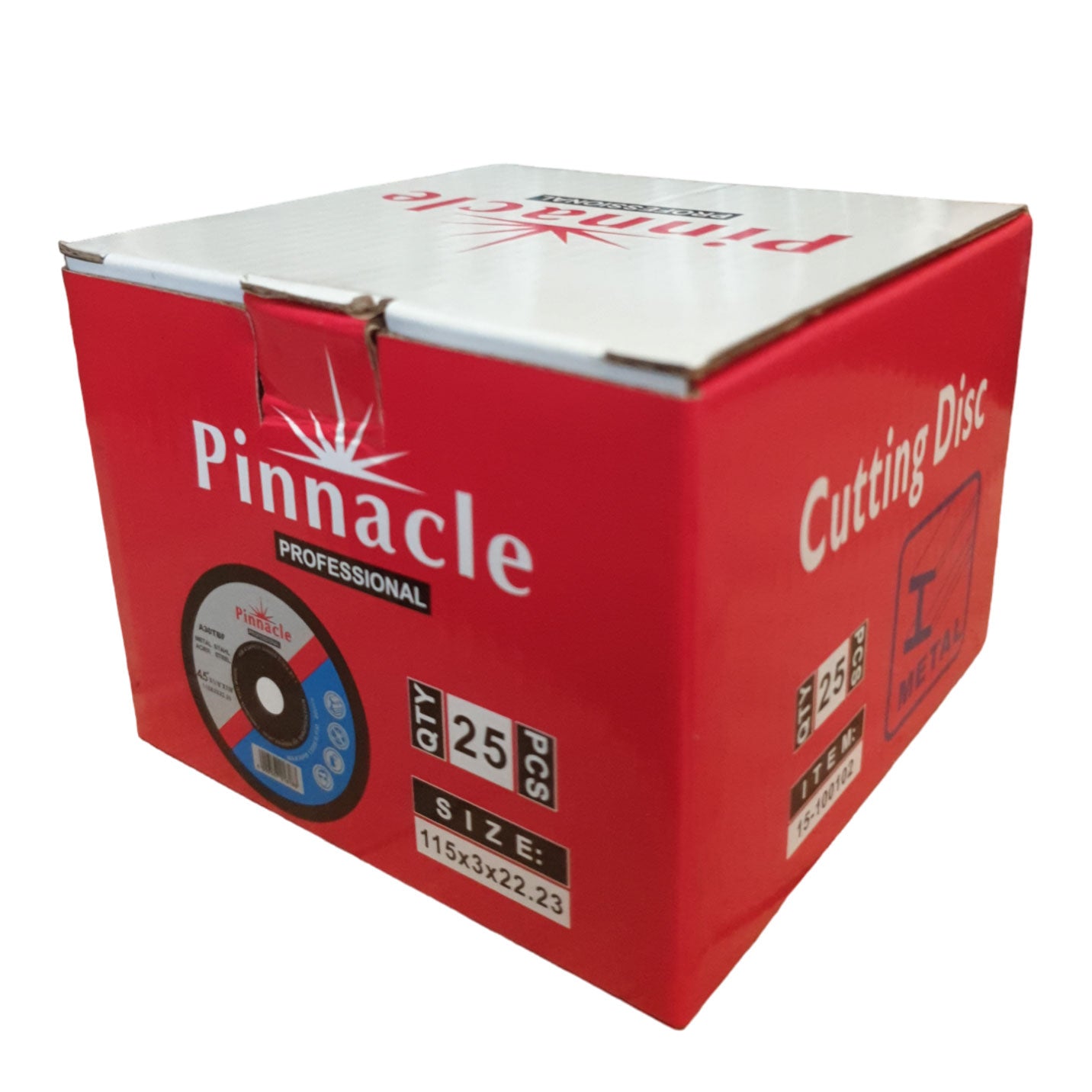 Box of 25 Pinnacle Steel Cutting Discs 115mm, bulk package for professional use, emphasizing quantity and quality for efficient metal cutting