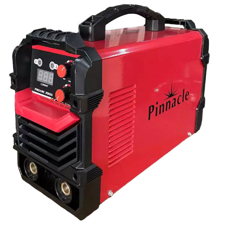 Pinnacle PROARC 280D MMA Welding Machine in a professional setting, showcasing its sleek, compact design with an advanced LCD display and control knobs, against a neutral background, emphasizing its high performance and suitability for diverse welding projects in South Africa.