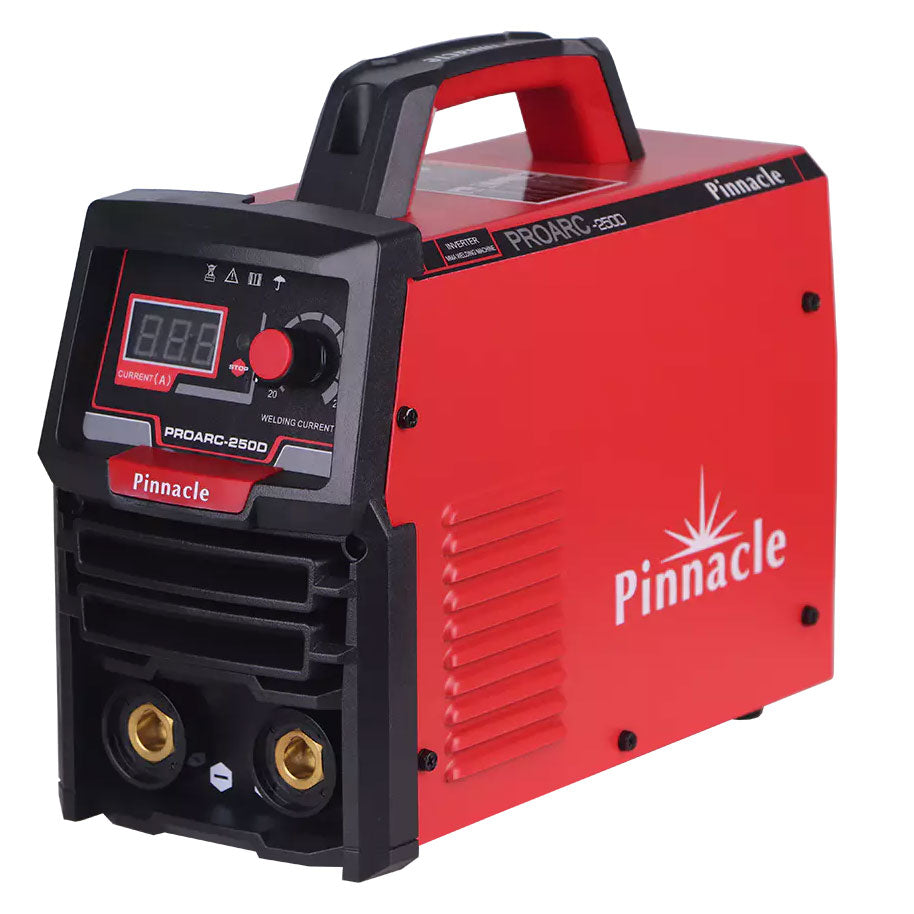 Pinnacle PROARC 250D MMA Welding Machine displayed prominently, highlighting its robust design and advanced features like the digital LCD display, set against a clean, white background, ideal for professional and DIY welding tasks in South Africa.