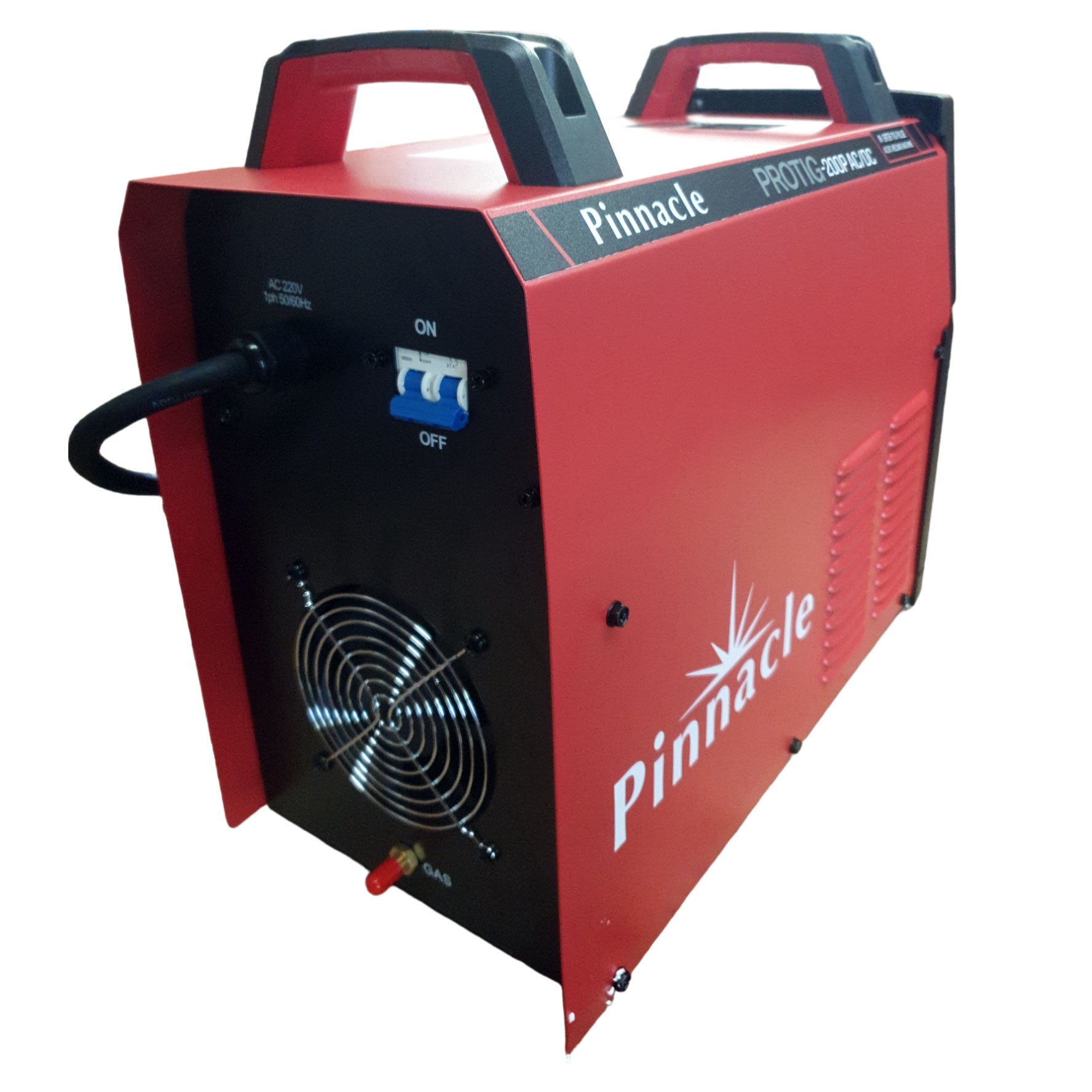 Back view image of PROTIG 200P TIG welder highlighting the cooling fan and various connection points, tailored for efficient welding operations.