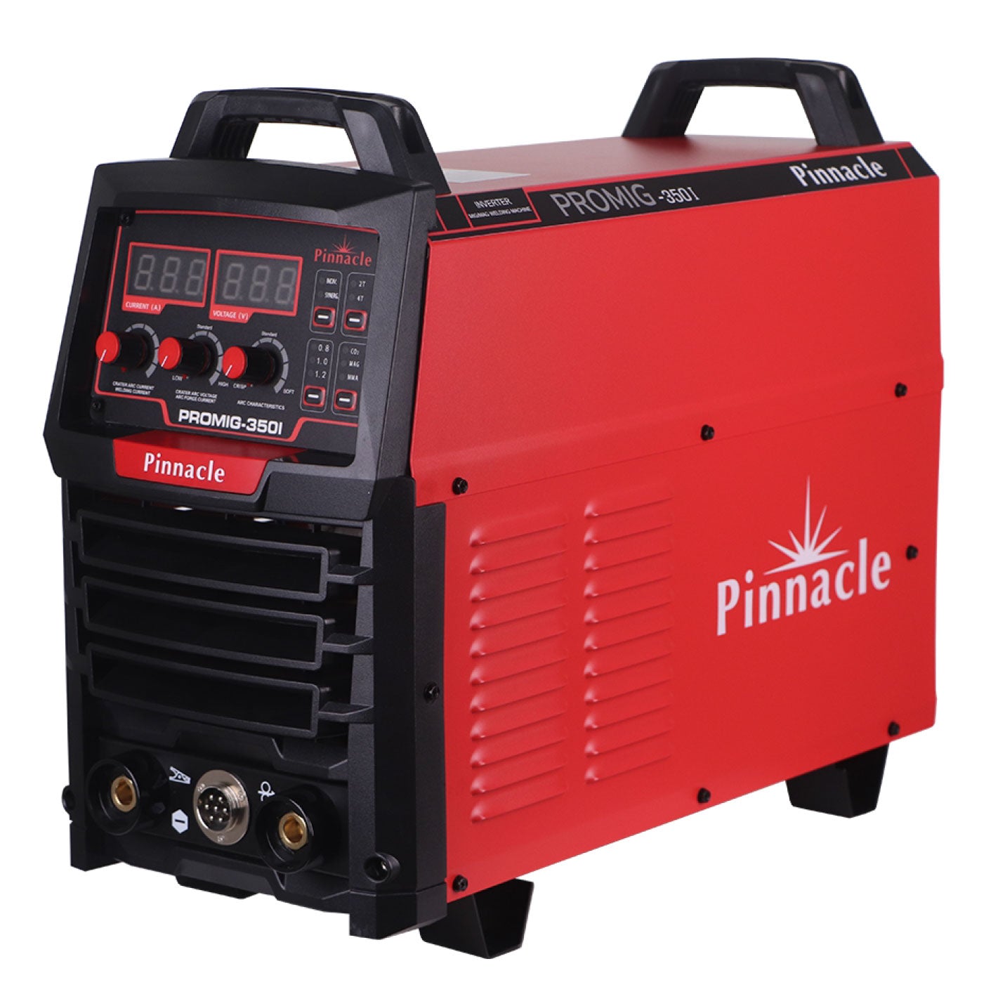 Pinnacle PROMIG 350I professional multi-process MIG welder on a white background, showcasing its advanced control panel and compact design