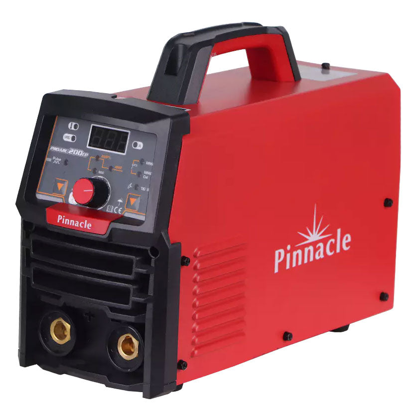Pinnacle PROARC 200CP MMA Welding Machine, compact and robust, showcasing its LCD display and control panel, set against a white background, highlighting its sleek design and advanced features for both professional and DIY welding projects in South Africa.