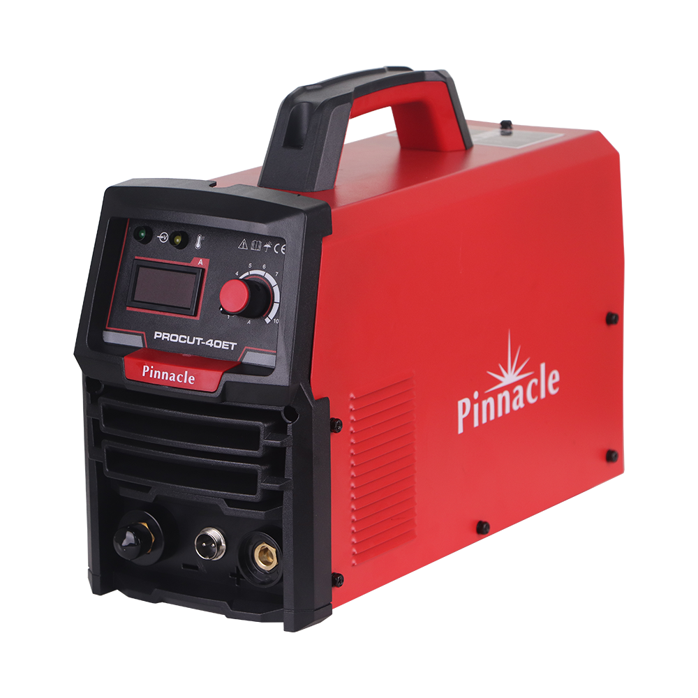 Pinnacle Procut 40ET Plasma Cutter angled front view highlighting torch connection and control knobs.