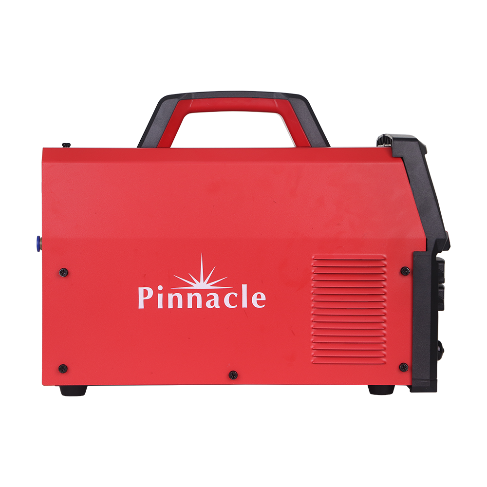 Side view of Pinnacle Plasma Cutting Machine featuring red casing and carrying handle.