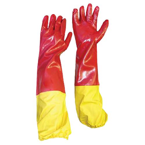 13-1003234 PVC Red Smooth Palm Shoulder Glove with Yellow Elasticated Attachment