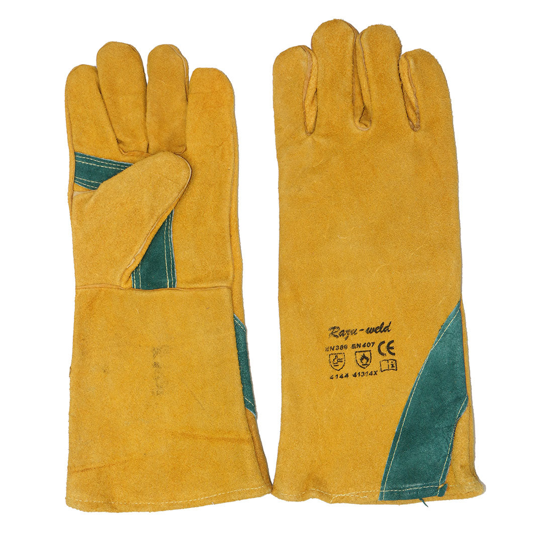 Pinnacle Welding Gloves - Yellow Leather with Green Reinforced Palm, Elbow Length 8 inches for Welding Safety