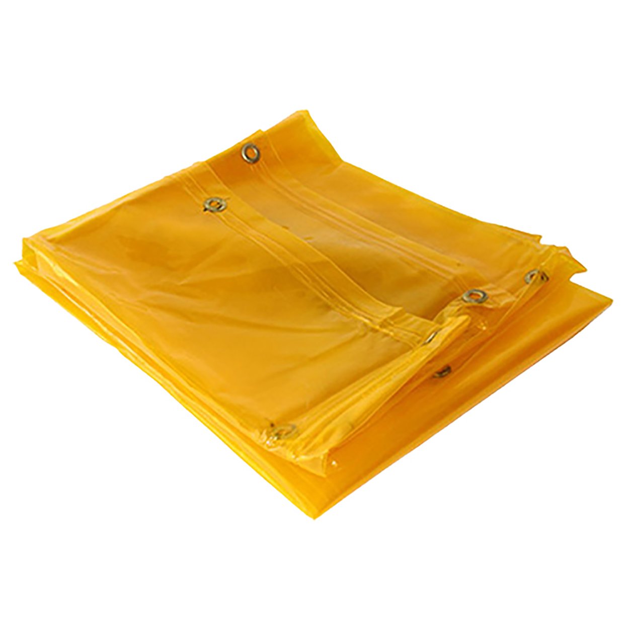 Pinnacle Yellow Welding Curtain with sturdy eyelets, displayed in a workspace.